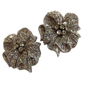 Potted Metal Vintage Stud Flower Earrings w Marcasites statement silver tone